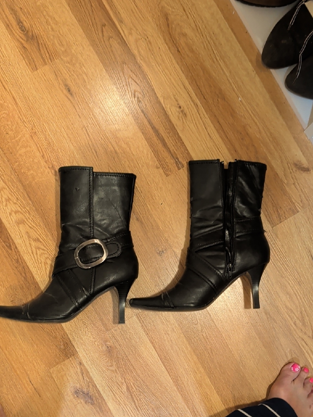 Black Mid-Calf Heeled Boots with Buckle - Women's Fashion Boots